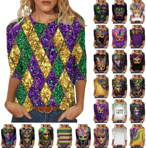 Mardi Gras Shirts for Women 3/4 Sleeve Fat Tuesday Carnival Theme Tshirt Holiday Funny Party Graphic Crewneck Tops