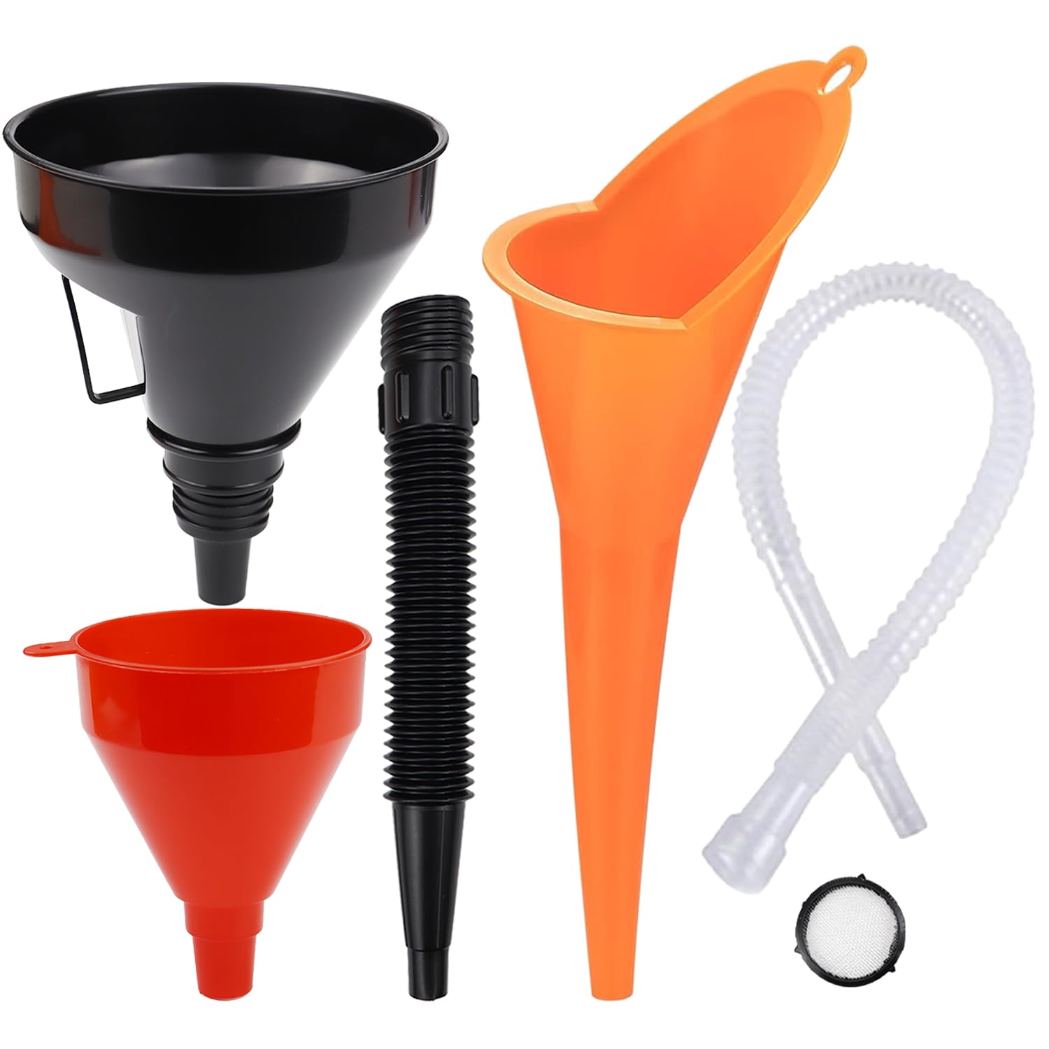 RunXinDa 3teiliges Einfülltrichter Set, hochflexibel mit abnehmbarem Schlauch & Sieb (Rot/Orange/Schwarz) für Auto & Haushalt