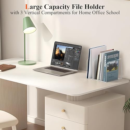 Miniatura 5 de Jumyee Revistero de acrílico con 3 compartimentos verticales, organizador de correo de escritorio transparente, estante de archivos de revistas,