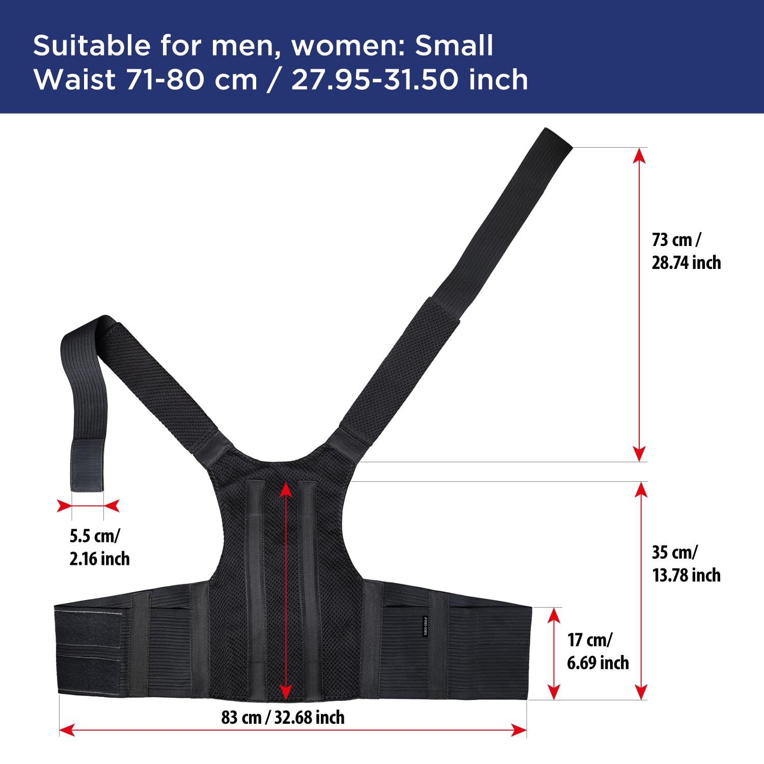 TOROS-GROUP Komfort Haltungskorrektur und Rückenstützgürtel, 100% Baumwollfutter, klein, Taille/Belly 71 – 80 cm, Schwarz