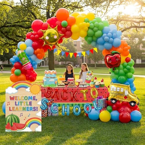 Image of Back to School Red Yellow Blue Balloon Garland Kit, Preschool First Day of School Decorations, Rainbow Pencil Bus Sun Apple Foil Balloons with Banner, Kindergarten Graduation Classroom Supplies