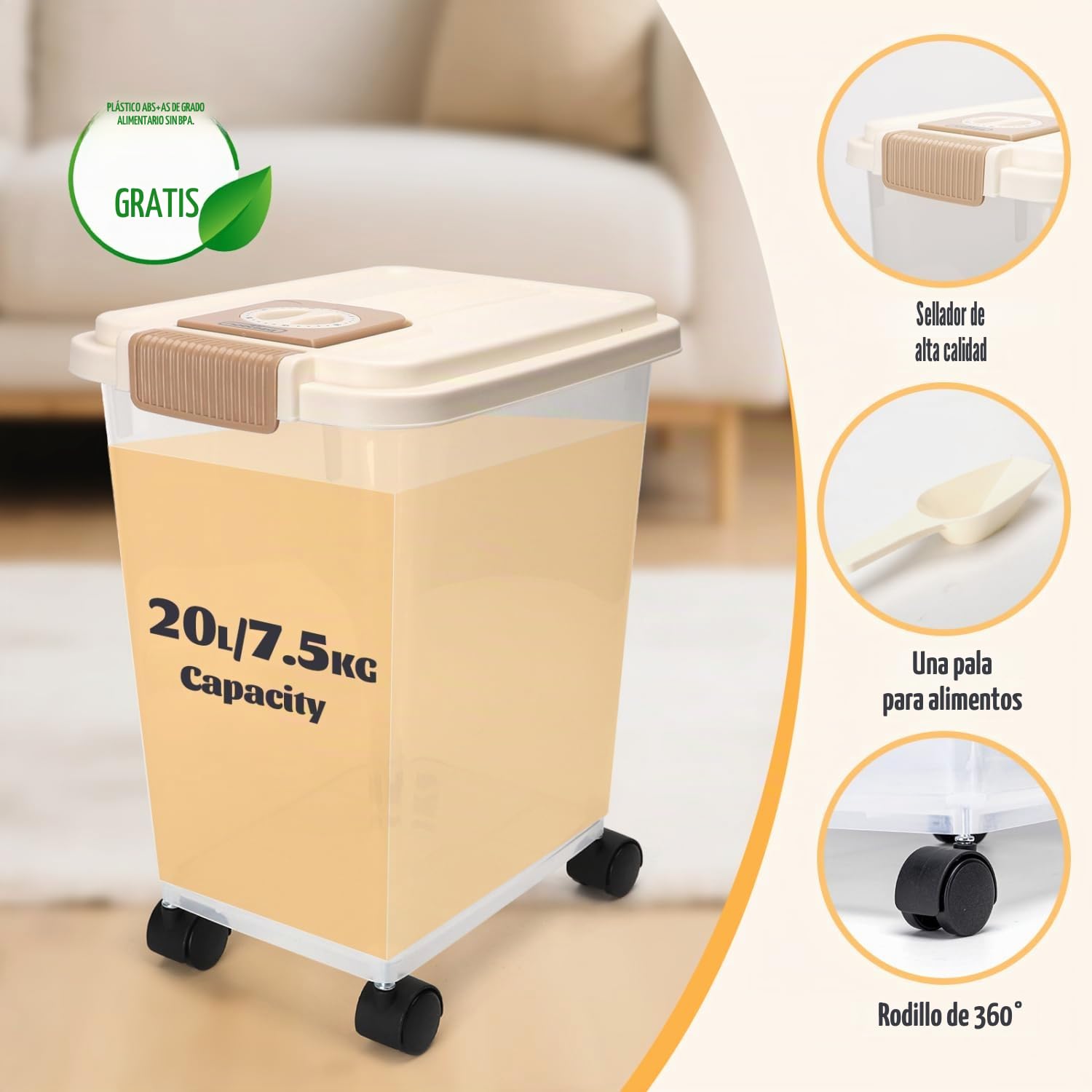 Nobleza 2* Contenedor de Pienso para Mascotas 20L, con Ruedas, Tapa Abatible, Cuchara y Marcador de Fecha, Caja Hermética Transparente para Perros y Gatos
