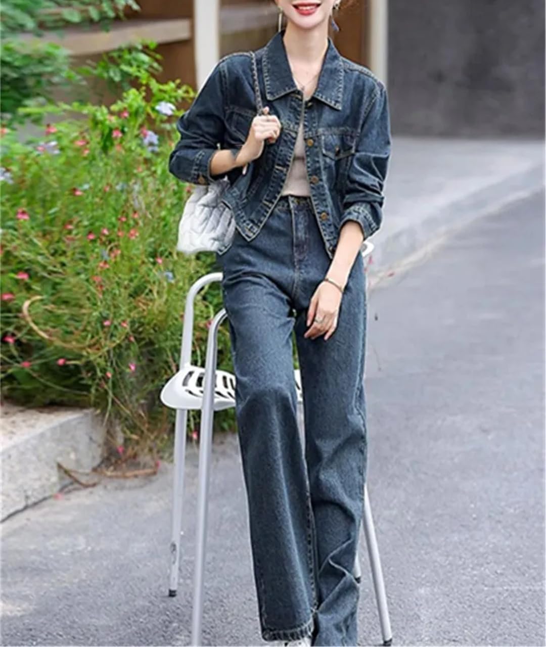 Womens Office Denim Suit High Waist Cargo Pants And Denim Jacket Spring Summer Workwear Set