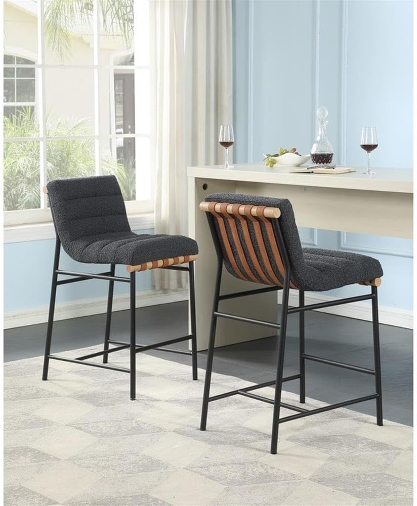 Lilola Home Lahni 18" W Dark Gray Boucle Fabric Counter Height Chair – Contemporary Upholstered Bar Stool with Cognac PU Leather Detail and Fully Assembled Design for Kitchen Dining Room