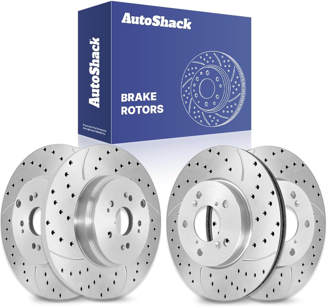 AutoShack Front Vented & Rear Solid Drilled & Slotted Silver Zinc Coated Brake Rotors 4-PC Set Replacement for 2007-2016 Honda CR-V 2007-2012 Acura RDX SilverShield Pro