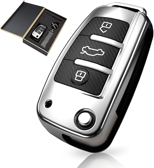 Gleamydot Car Key Cover Compatible with Audi 3 Button Flip Key,TPU Key Fob Case Design by Carbon Fiber Suitable for Audi:A1/A3/A4/Q3/Q7/Q5/S3/S5/S6/R8/TT (Silver)