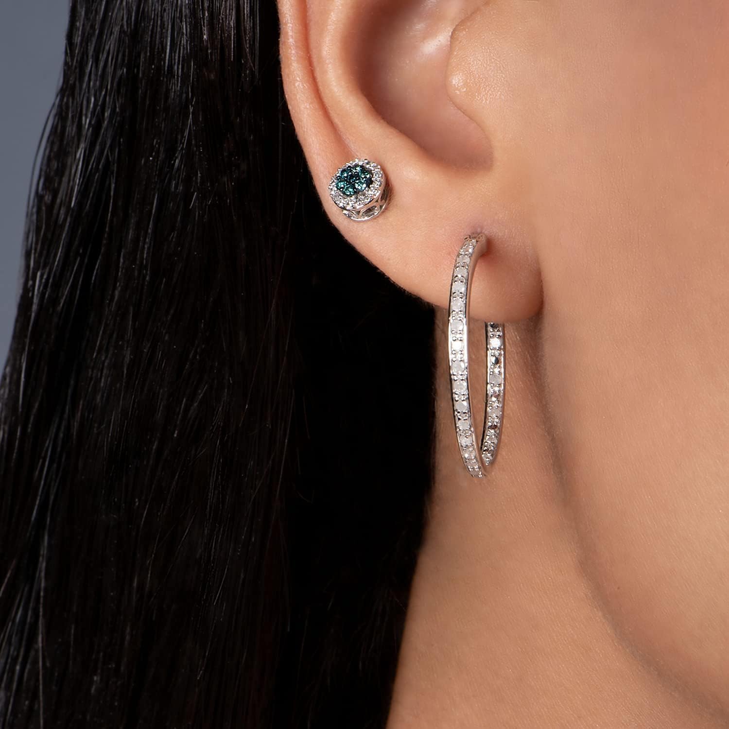 Jewelili Sterling Silver 1/2 Cttw Natural White Round Diamond Inside Out Hoop Earrings