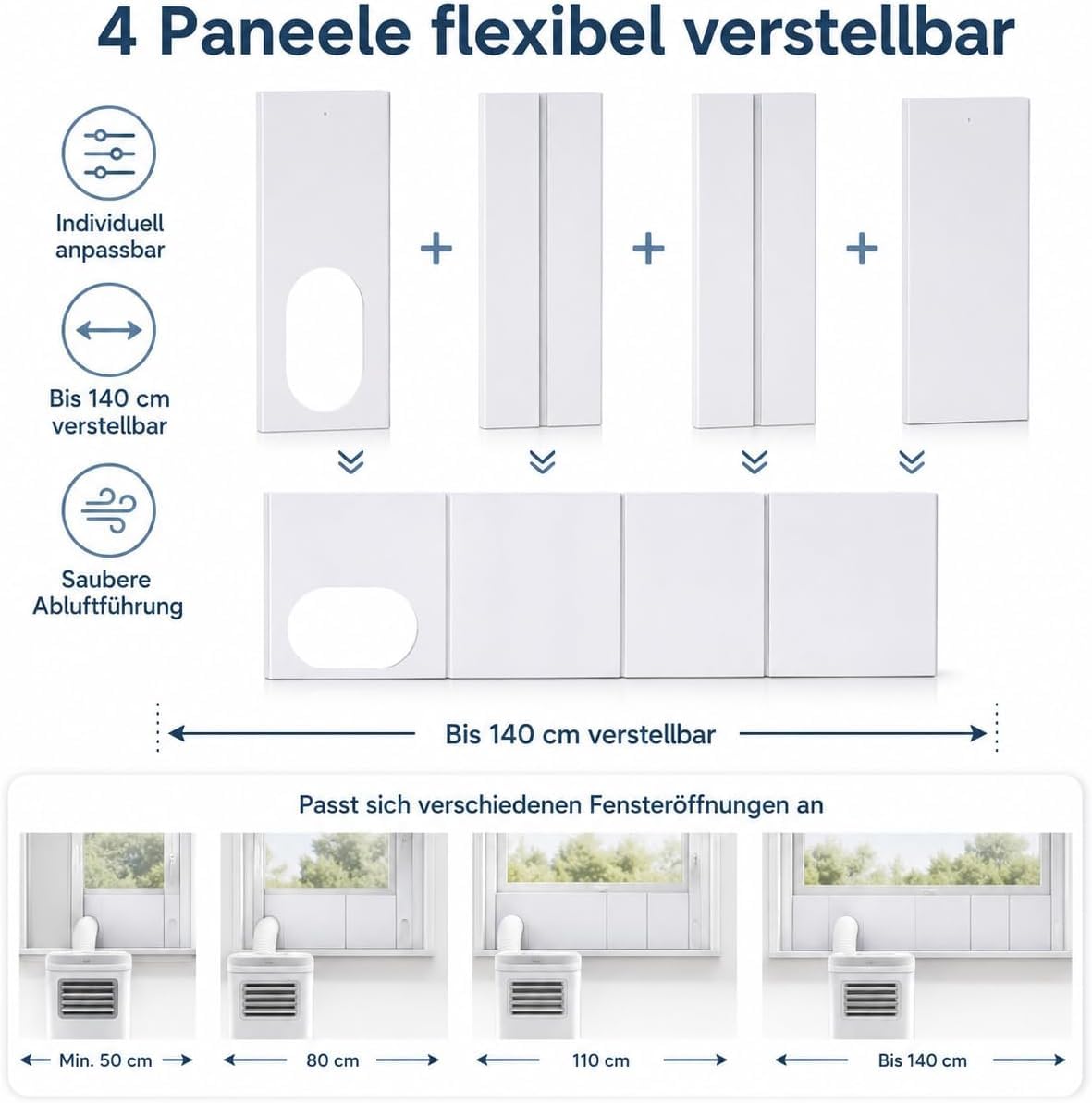 Universelle Klimaanlage Fensterabdichtung – Nahtloses Design für mobile Klimaanlagen, 4 Paneele (10x43 cm), verstellbar bis 140 cm, Abluftschlauch-Durchführung (Ein Satz)