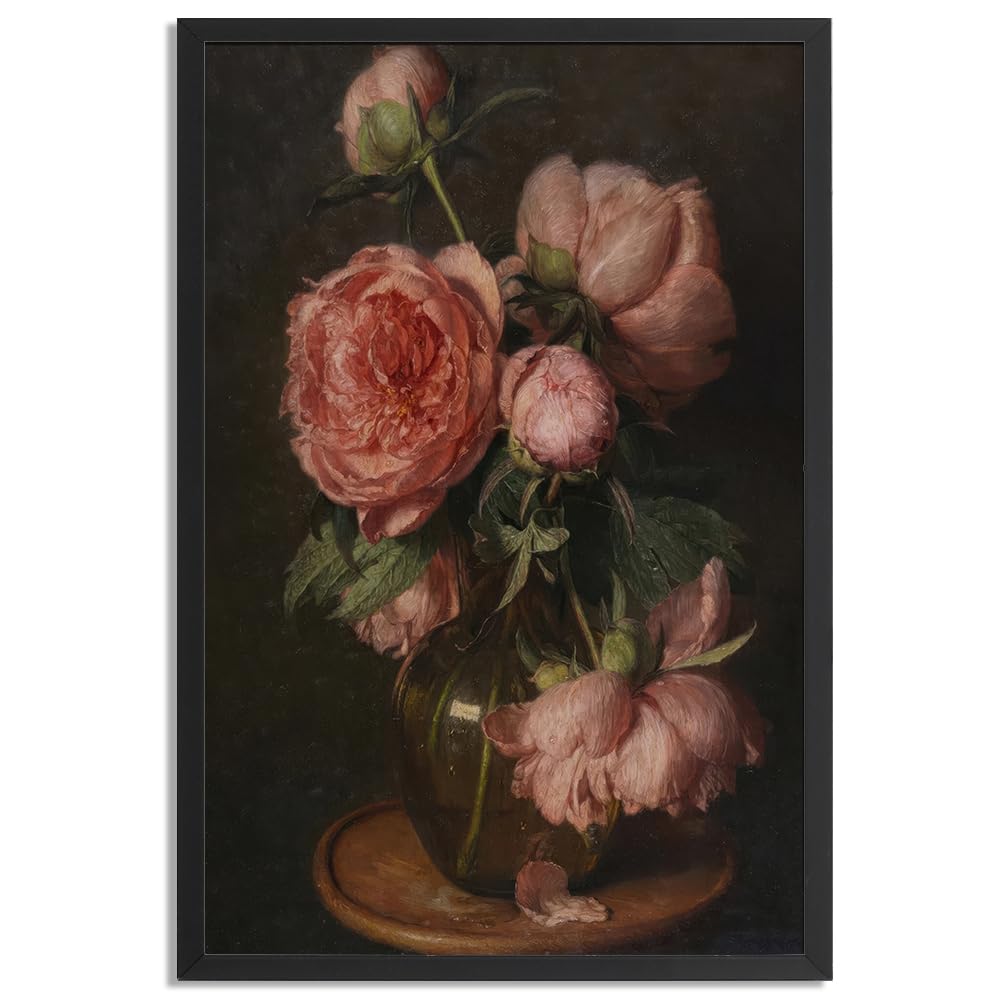 Framed Vintage Wall Art Botanical Peony Flower Pictures For Aesthetic Room Decor-Retro Painting Canvas Prints Ready To Hang Farmhouse Bedroom Living