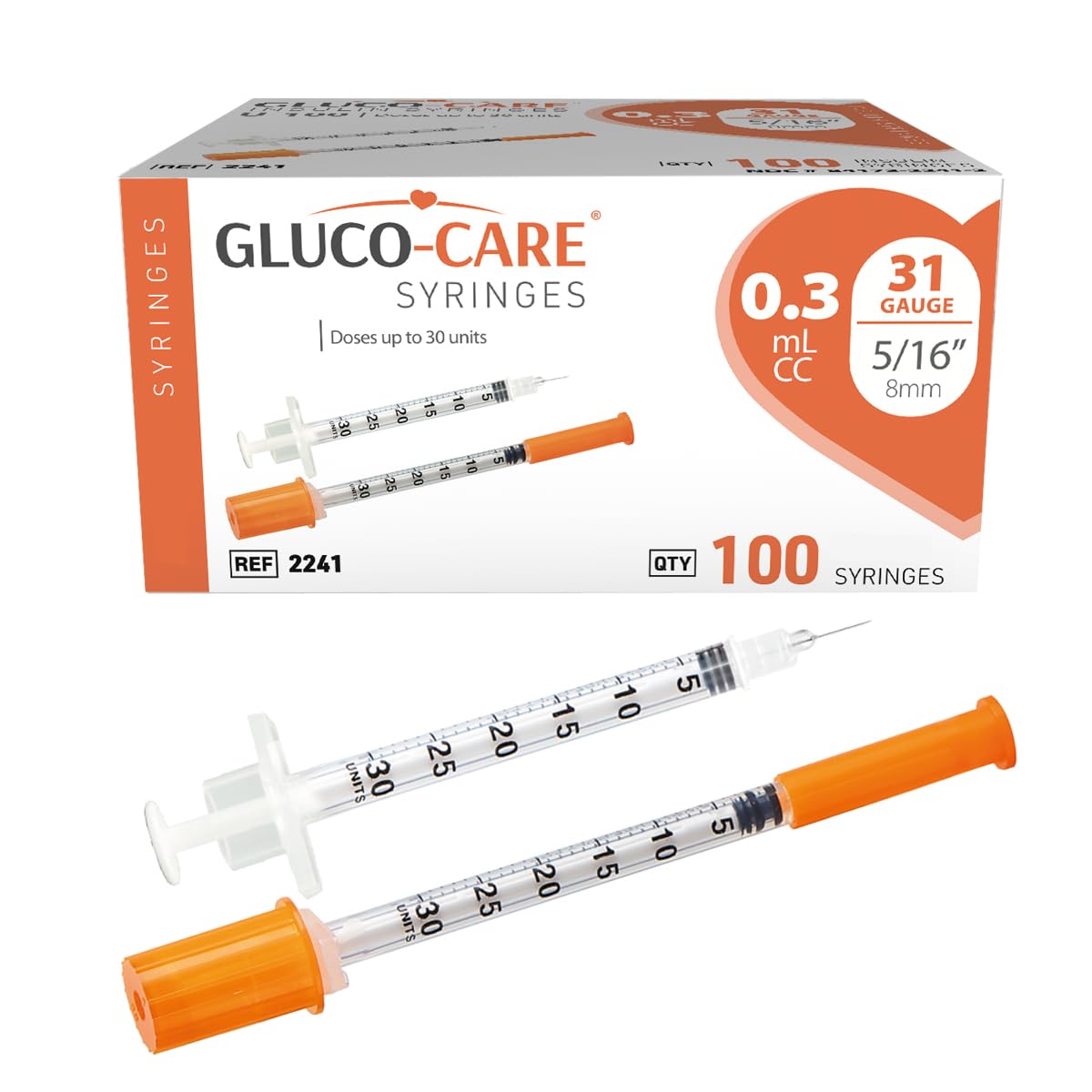 GLUCO-CARE Jeringas de 0.3 ml/cc de 31 g x 5/16 pulgadas (8 mm), tapa naranja, caja de 100 unidades