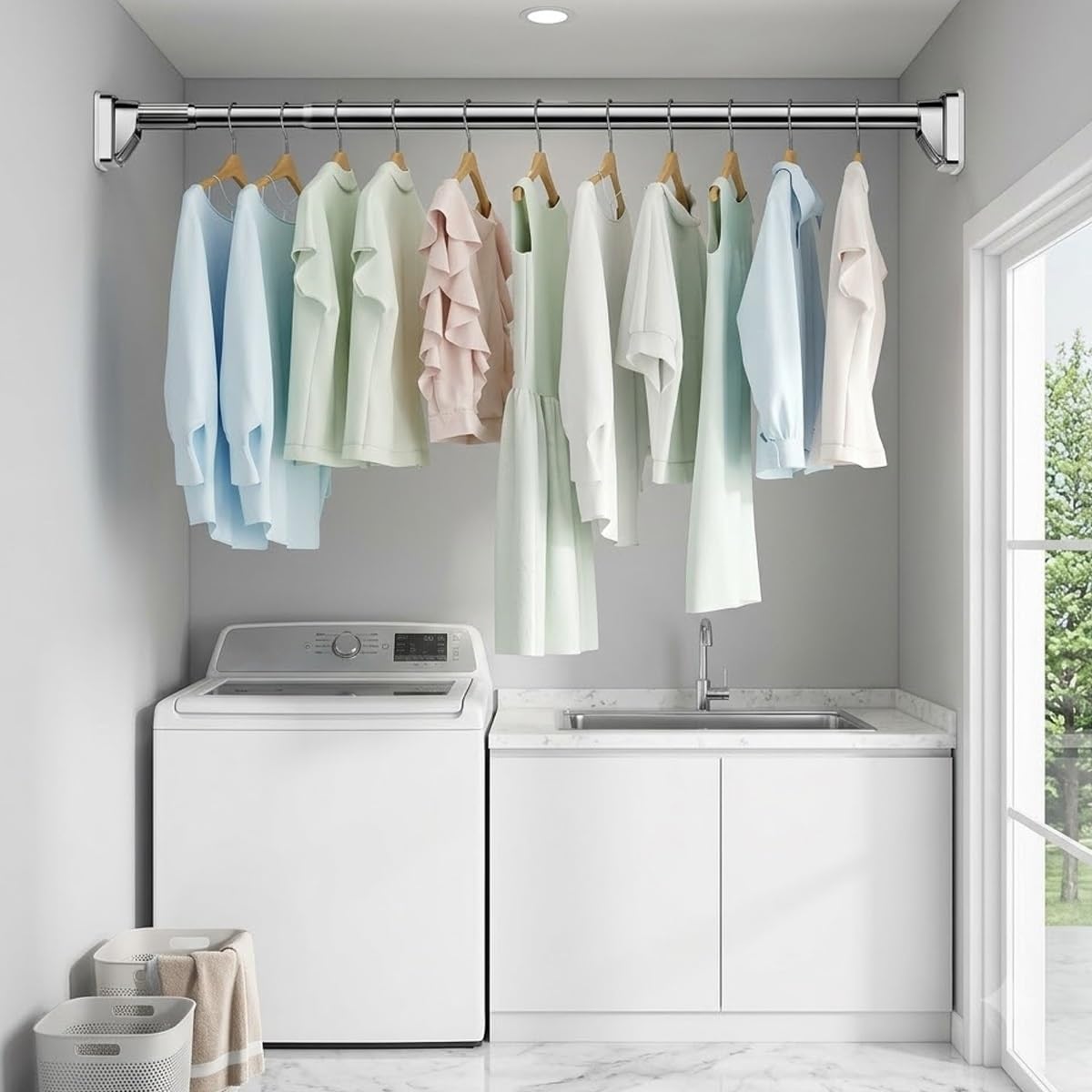 Tringle de Rideau de Douche Extensible 40-55 cm Barre Telescopique 70–120 160–250 cm Tringle à Rideaux Réglable Sans Perçage(Blanc,0.7-1.20m//27in-47in)