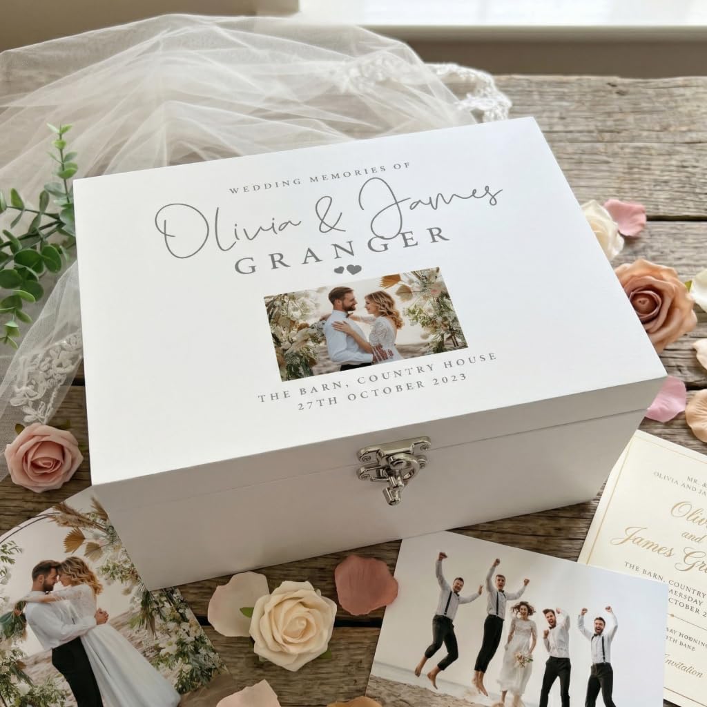 Caja de recuerdos de boda personalizada de lujo, color blanco, línea superior, nombres personalizados, apellidos, ubicación y fecha, regalo de boda, 27 x 19 x 14 cm