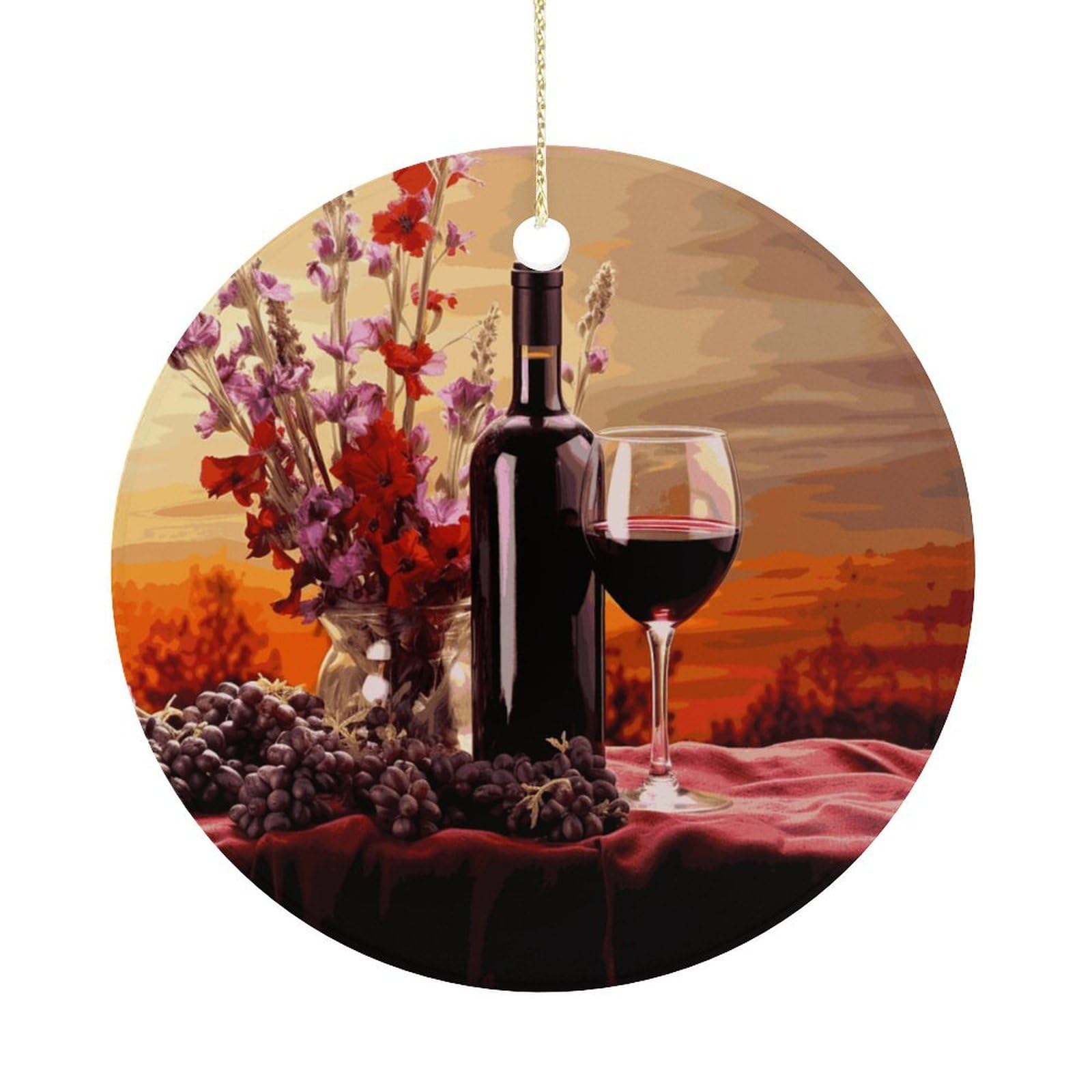 Red Wine Flower Christmas Ornaments Colorful Round Ceramic Ornament Christmas Hanging Decor Christmas Tree Decorations Xmas Keepsake for Women Men Xmas Holiday Party
