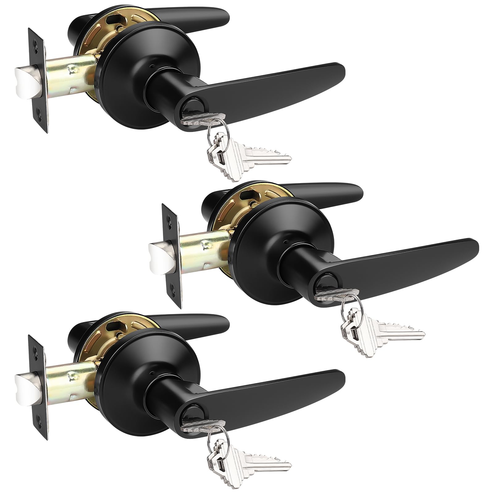 Probrico 3 Pack Entrance Door Levers Door Lock in Black, Combo Entry Door Handles with Locks and Keys Keyed Alike Each with 3 Same Keys