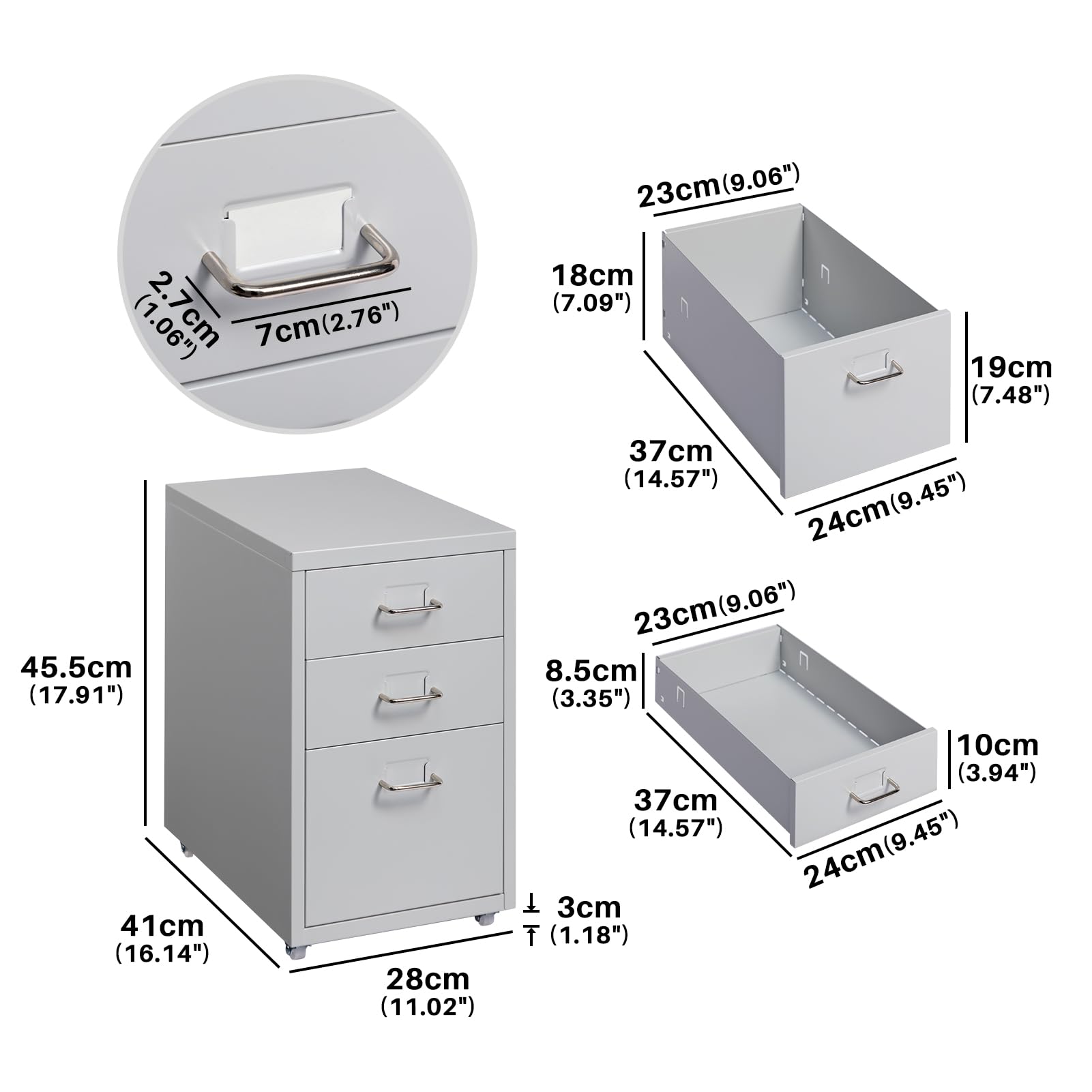 HollyHOME Armoire de classement mobile à 3 tiroirs, armoire de classement, organisateur de classement sous bureau avec roulettes, armoire de rangement en métal à roulettes pour la maison et le bureau