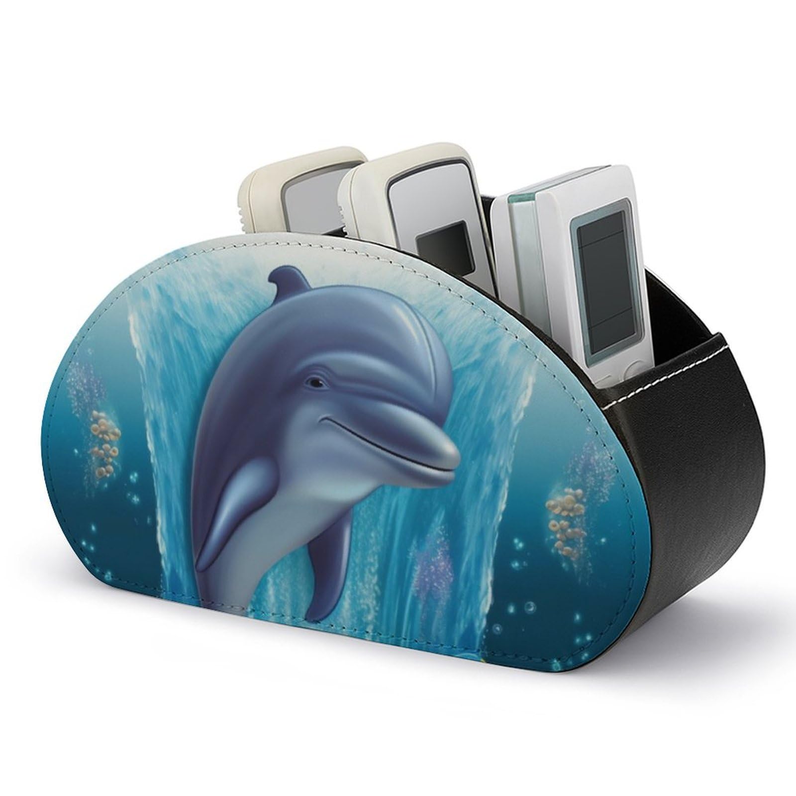 NTVOWPZO Dolphin Remote Control Holder with 5 Compartment Organizer Box, Leather TV Remote Holder Organizer Caddy for Table, PU Leather Remote Box for Nightstand Office Desk Storage Box