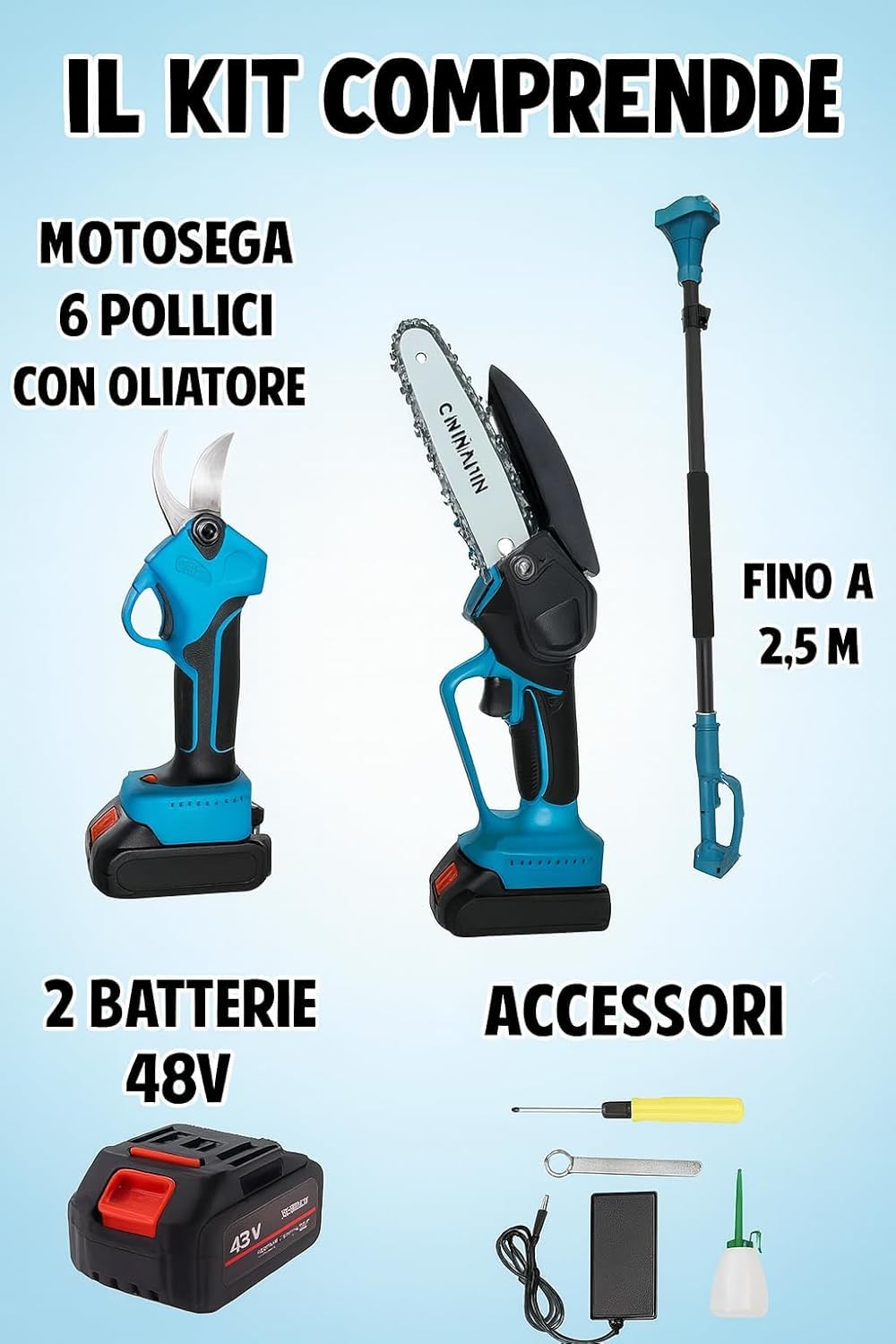 Kit Potatura Elettrico 3 in 1 con Asta Telescopica 120-250cm, Forbici, Motosega 6" a Batteria, 2 Batterie 48V, Attrezzi Giardinaggio, Cesoia, Troncarami, per Rami, Alberi, Giardino, Vigneti, Orti