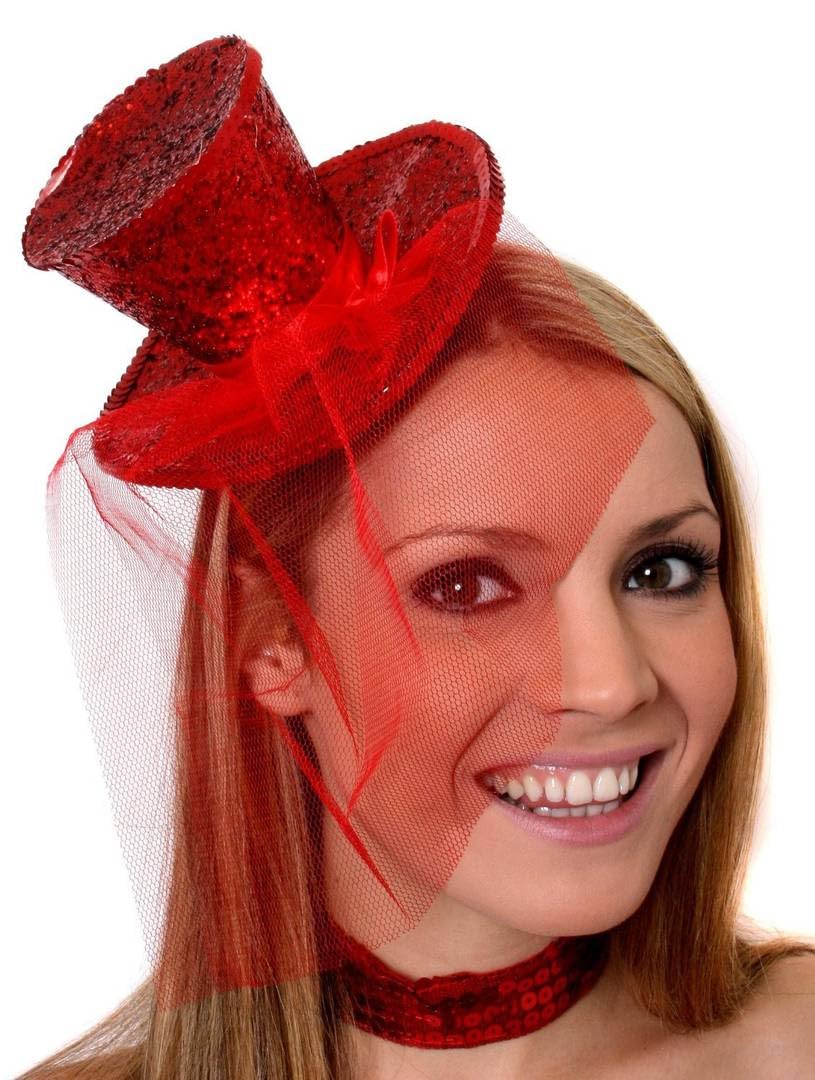 Sombrero de copa rojo con purpurina para mujer, paquete de 12, mini sombrero de lentejuelas rojas con velo rojo adjunto, accesorio de disfraz de Navidad para mujer