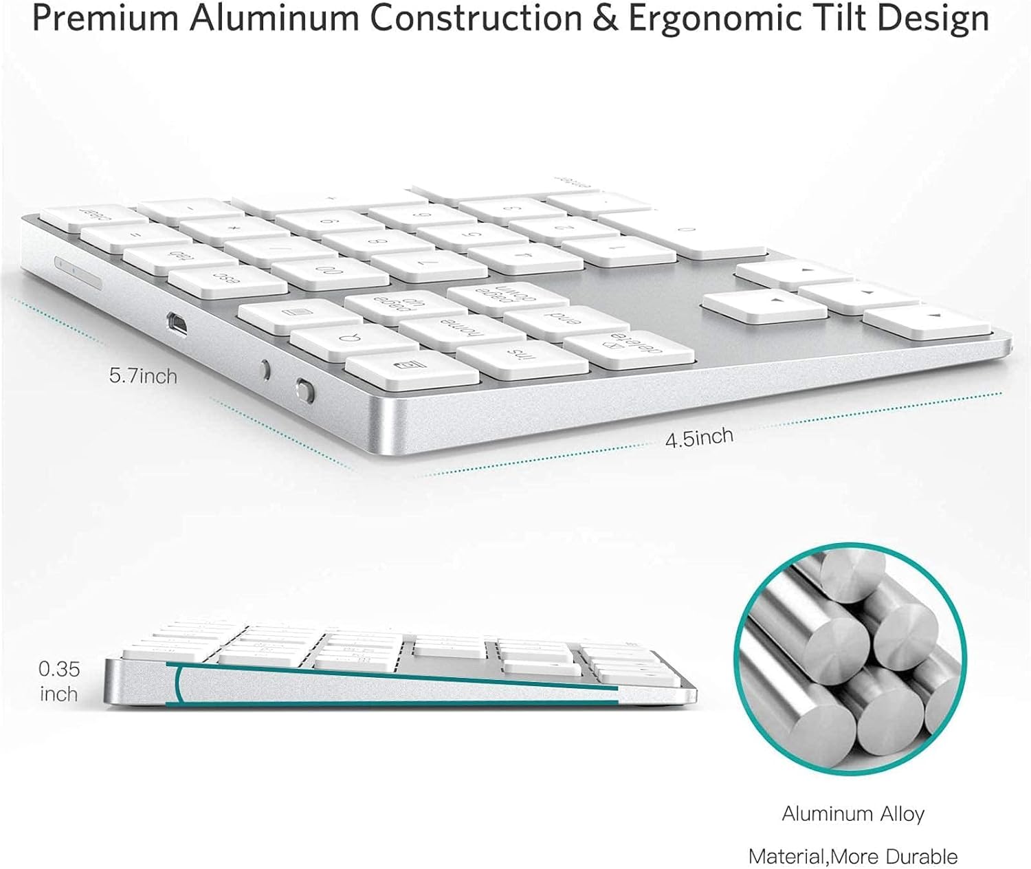 HoRiMe Bluetooth Number Pad, Rechargeable Wireless Numeric Keypad Slim 34-Keys Aluminum Number Keypad External Data Entry Compatible for Laptop