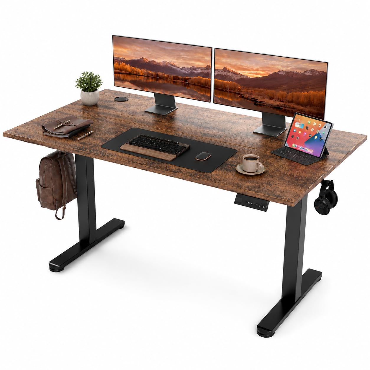 Claiks Electric Standing Desk 140x60cm Height Adjustable Desk with 3 Memory Presets & Sit Stand Reminder, Quiet Home Office Computer Desk with LED Display, Cable Holes & Hooks, Rustic Brown