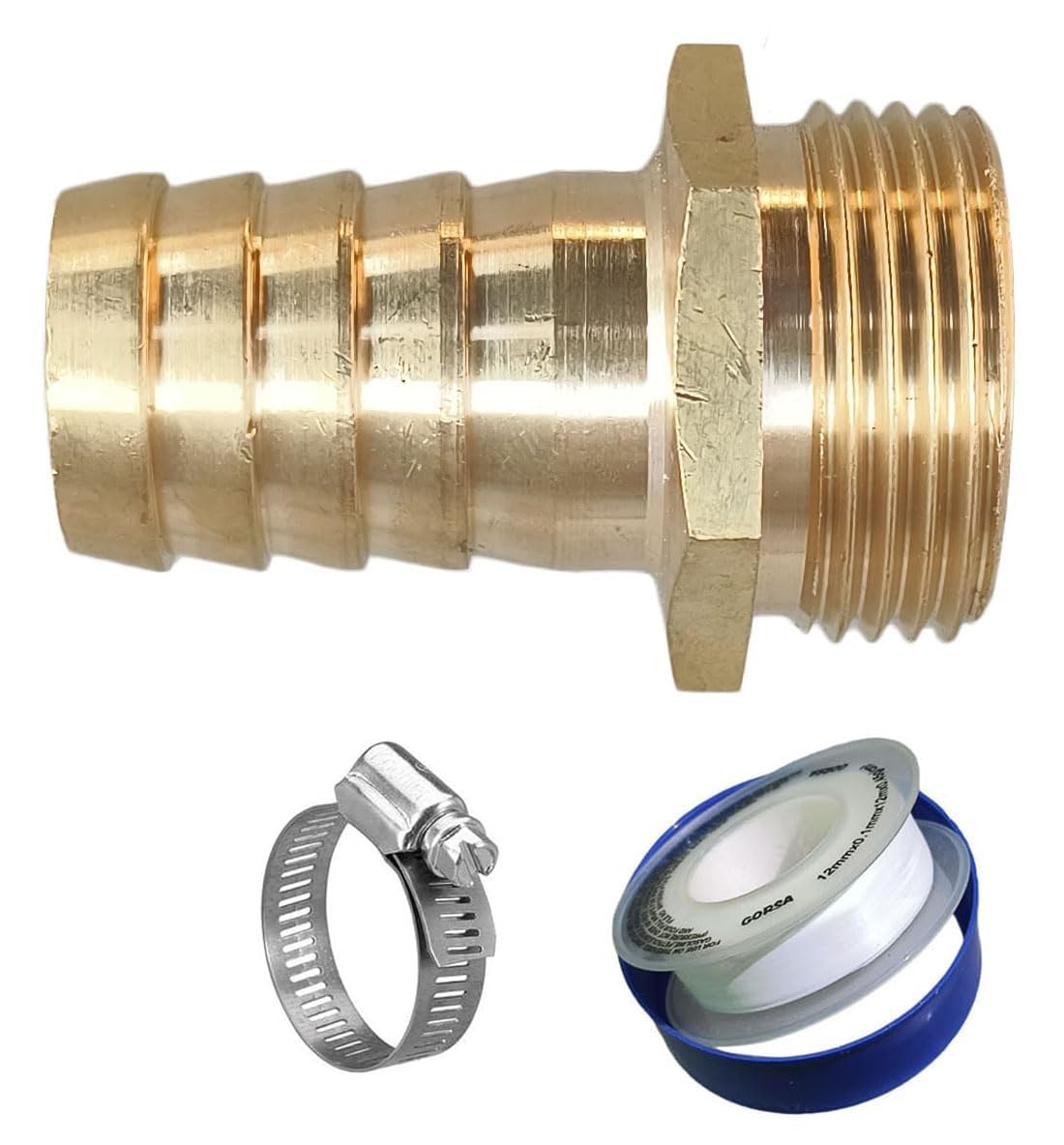 ESEKSAFAR Brass Hose Nipple (Golden) 3/4" inch Male BSP Threaded (3/4 X 3/4) inch Barb pipe fitting with SS Butterfly hose clamp and Teflon tape (Pack of 3pc/set)-picture-15