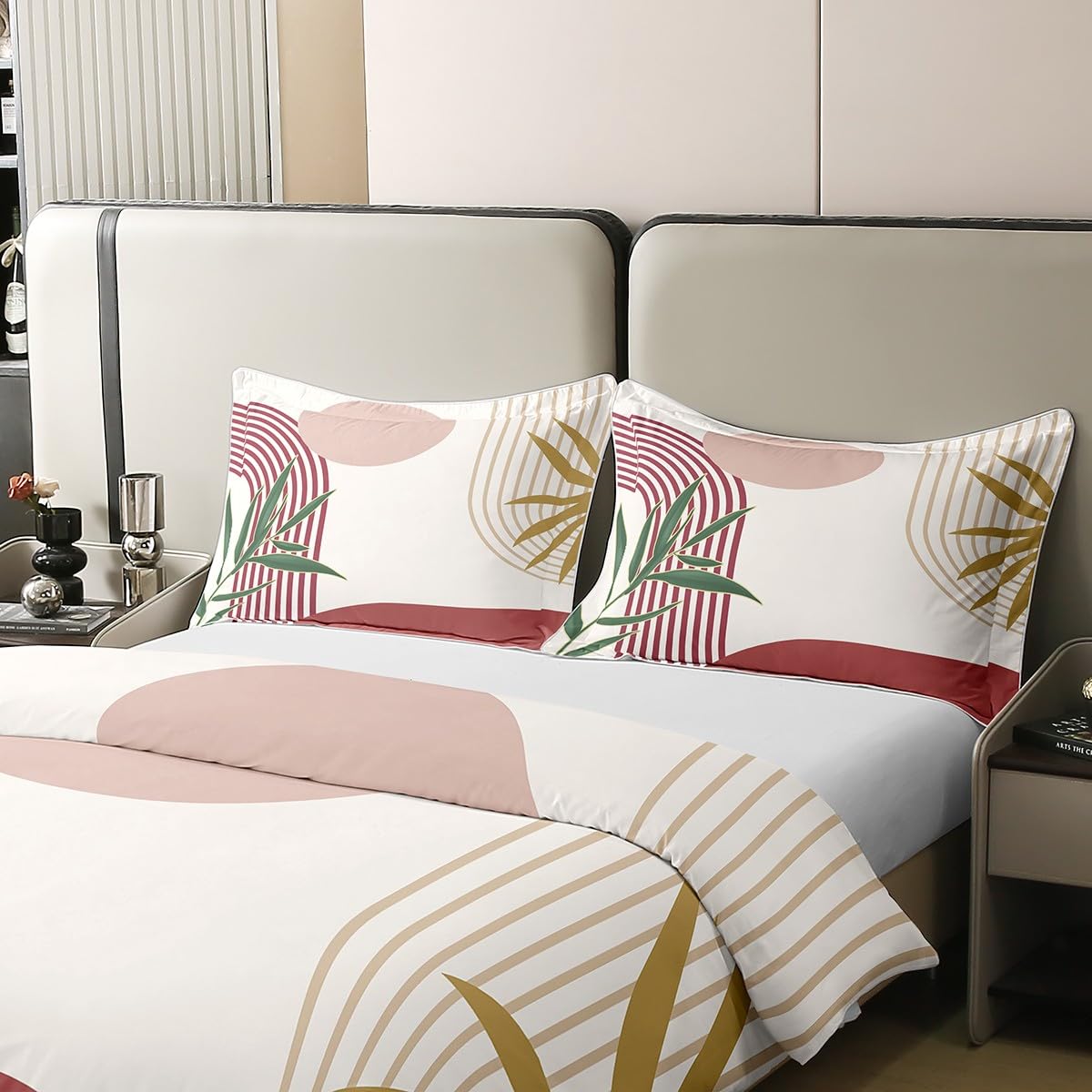 Homewish Boho geometryczne liście bawełniana poszewka na kołdrę podwójna dla dzieci chłopców dziewcząt, czerwona różowa złota zielona poszewka na kołdrę, sztuka abstrakcyjna, zestaw pościeli retro z