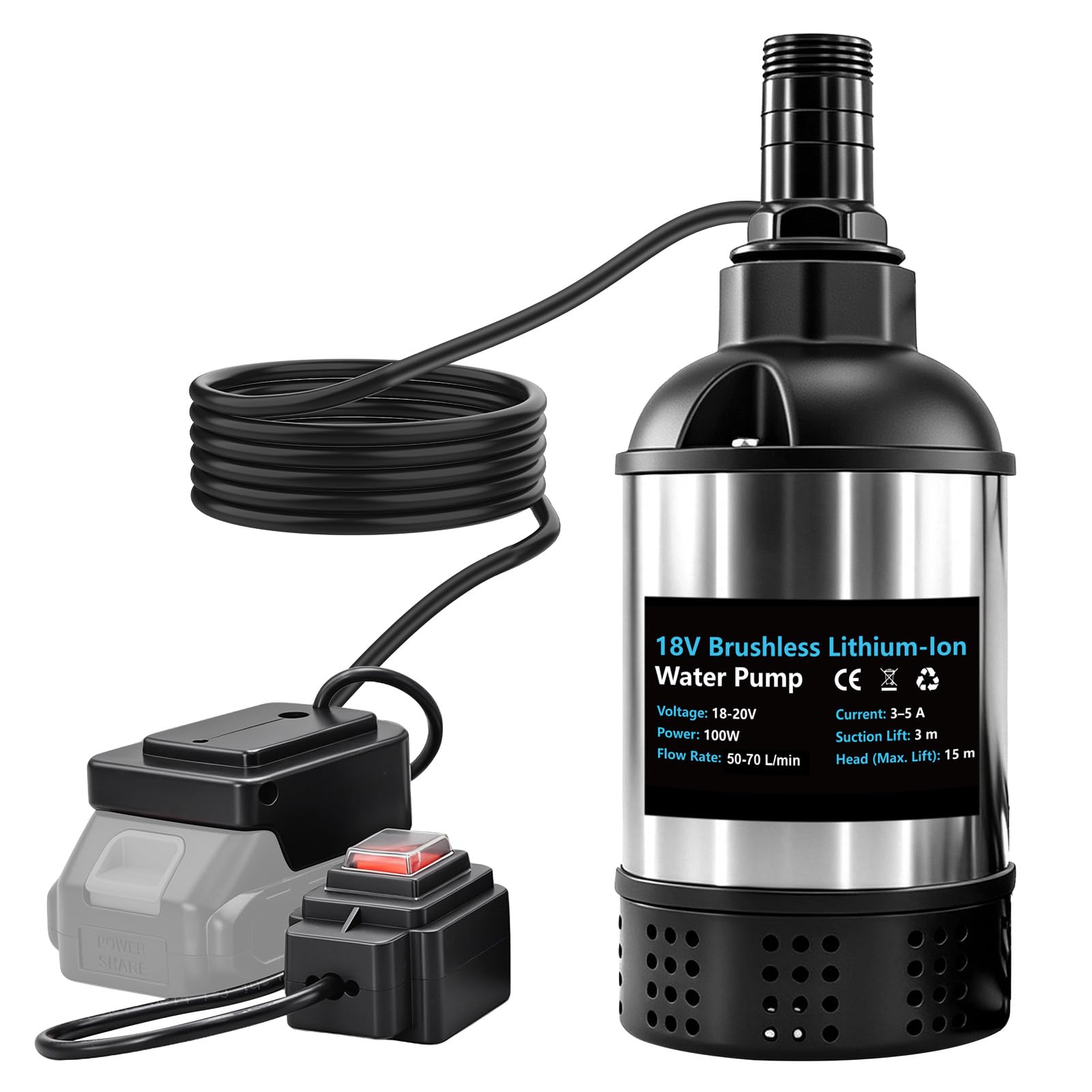 Wasserpumpe Kompatibel mit Makita 18V Akku, Bürstenlose 100W Diesel-Kraftstoffpumpe, 50-70L/min Durchfluss, 15m Förderhöhe, 3m Saughöhe, 25mm Düsen für Wasser & Öl