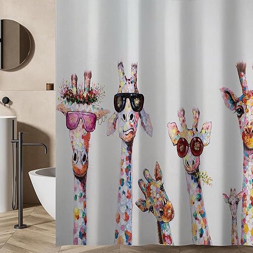 Miniatura 6 de Bonita cortina de ducha de jirafa, divertida cortina de baño blanca para el hogar, juegos decorativos con ganchos para decoración estética, cortina