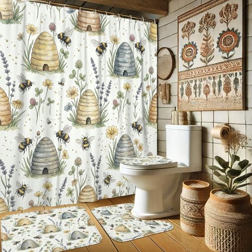 Rideau de douche tissu fleuri avec tapis pour une salle de bain ambiance printemps