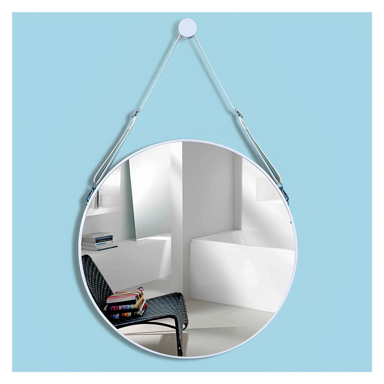 BKSXSOP Round Wall-Mounted Bathroom Mirror - Decorative Makeup & Dressing with Hanging Chain for Home, Bedroom, Entryway Stylish White Design, 60cm/23.6in