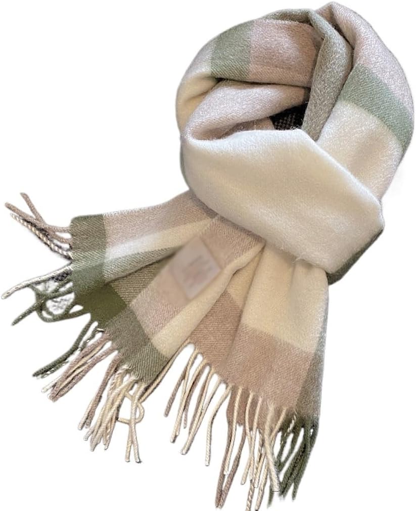 高品質 [WOLEN] 女性用チェック柄タッセルスカーフ、厚みがあり秋冬の