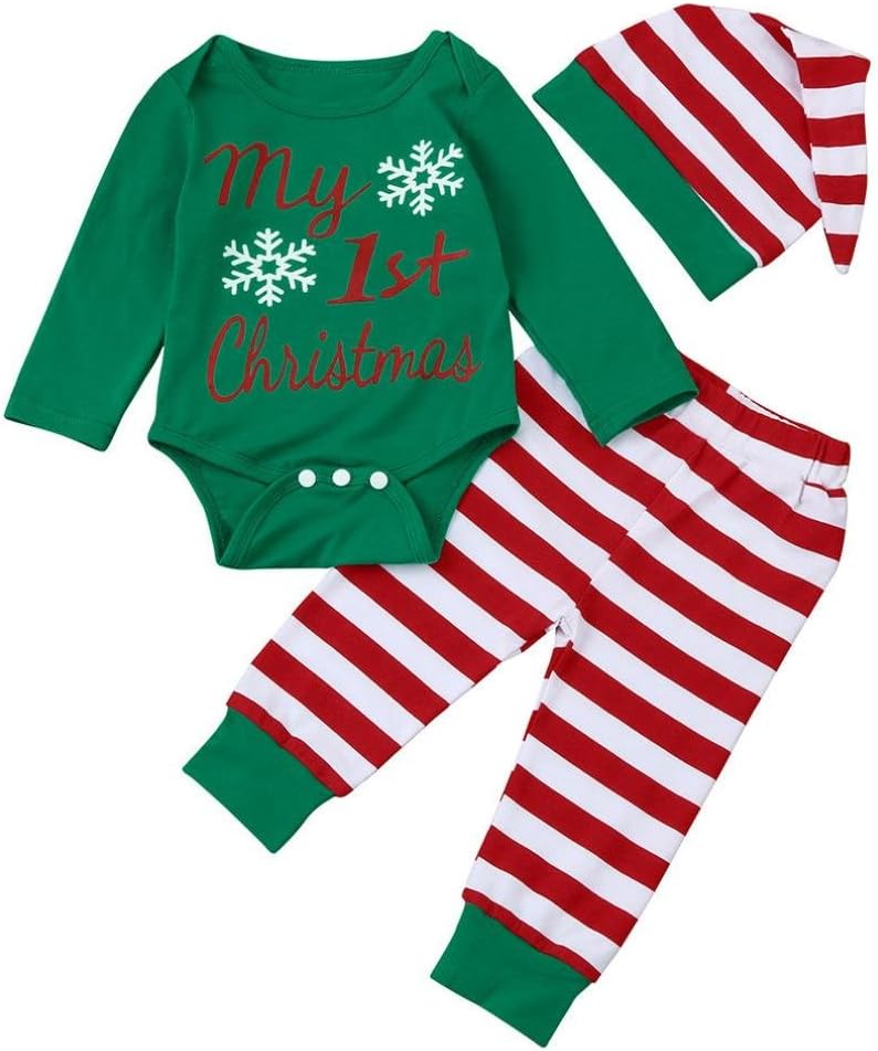 Newborn Baby Clothes Christmas Romper Long sleevesTops Pants Hat Outfit Set (6-12 Months, Green)