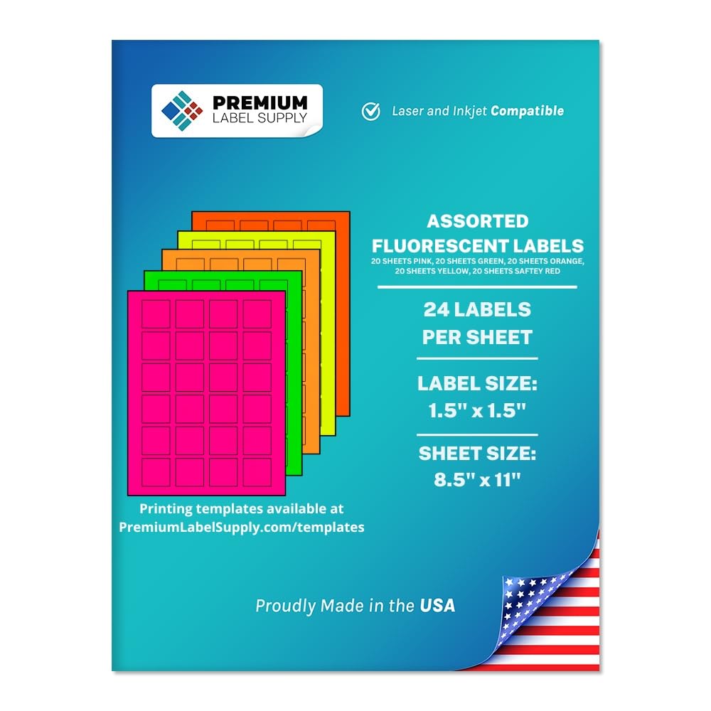 Premium Label Supply Bright Neon Color Fluorescent Sticker Labels - 1.5" x 1.5" Square Labels - (Assorted Fluorescent, 2,400 Labels)