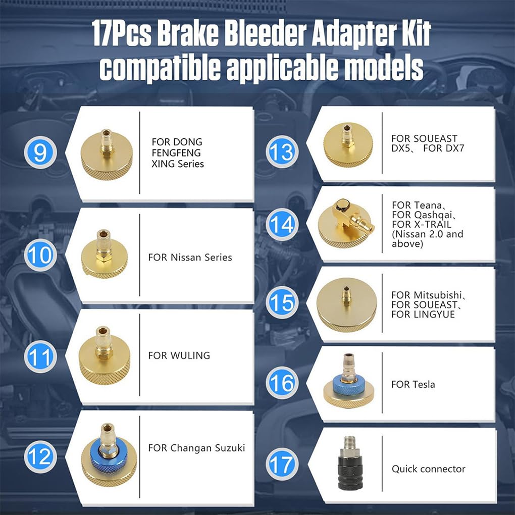 Kit de 17 adaptadores de Purga de líquido de Frenos y Conector rápido para facilitar el Cambio y el Transporte del líquido de Frenos. Conector