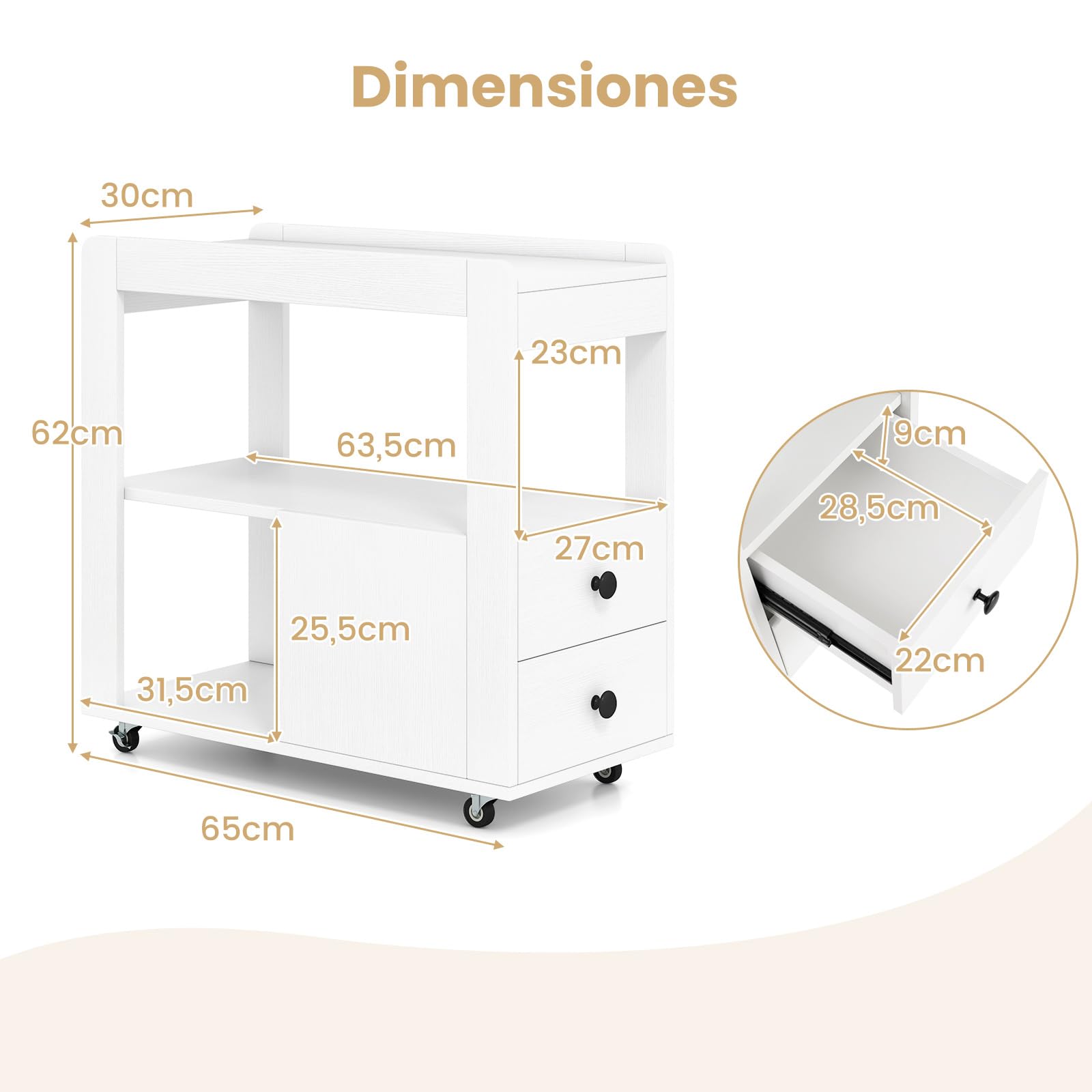 COSTWAY Mesa Auxiliar Estrecha con 2 Cajones y Estantes Abiertos, Mesa Lateral con Ruedas Universales Bloqueables, Mesilla de Noche Salon Sofa Dormitorio, 65 x 30 x 62 cm (Blanco)