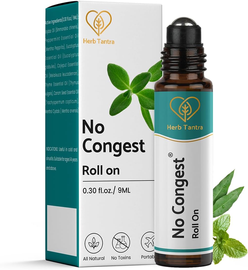Herb Tantra No Congest Roll-On | Sinus Support Aromatherapy | Peppermint Oil Nasal Stick | Breathe Easy with Peppermint, Thyme,Eucalyptus Essential Oils | Refreshing Menthol Relief