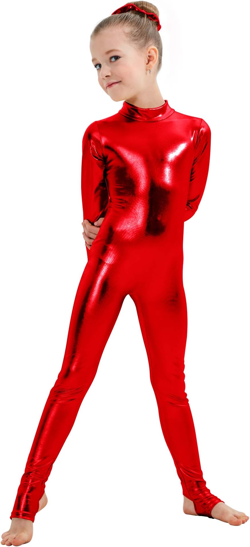 Kepblom Girls Shiny Metallic Mock Neck Unitard Long Sleeve Zipper Back One Piece Bodysuit Costume