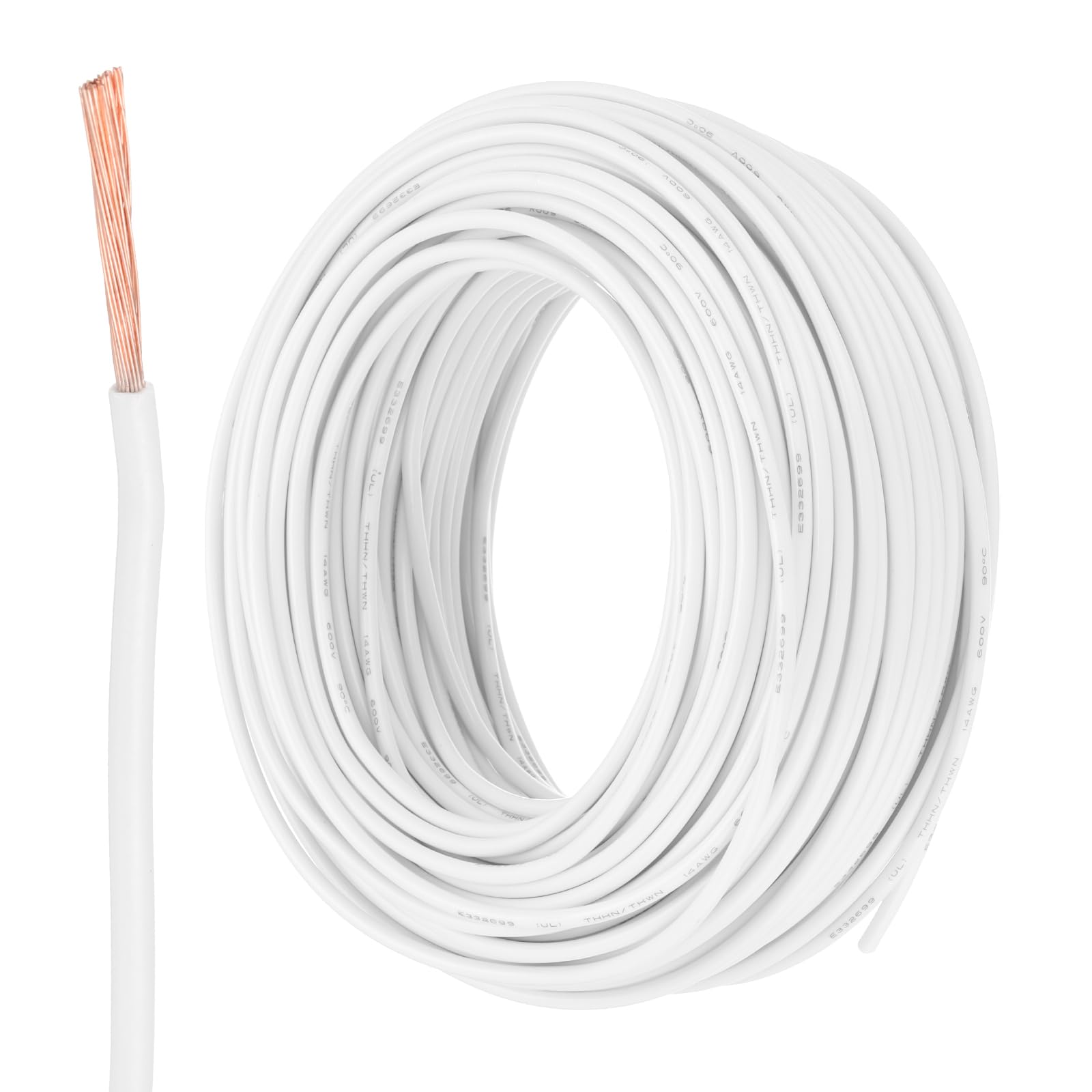 QUARKZMAN Cable Eléctrico Aislado Cobre Trenzado 14 AWG 150 Pies Cable Conexión THHN Cable Para Timbre Cableado Industrial Cableado Para Remolques Para 600 Voltios Listado UL Blanco
