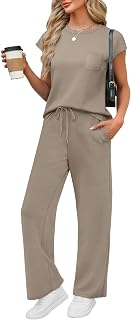 WIHOLL Women's 2 Piece Cap Sleeve Lounge Set - Casual Summer Travel Vacation Outfits Wide Leg Pants