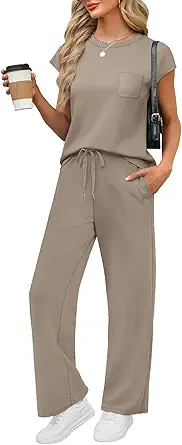WIHOLL 2 Piece Sets for Women Casual Summer Travel Vacation Outfits Cap Sleeve Lounge Set