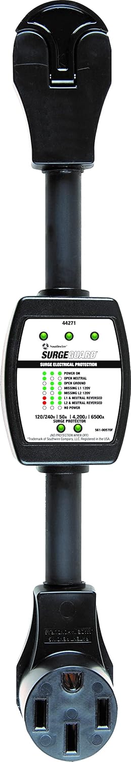 Southwire Surge Protector 120V 50AMP P&R - RV Surge Protector - 50 Amp RV Surge Unit - Circuit Tester - LED Voltage Monitor - Black - Campground Power Safety