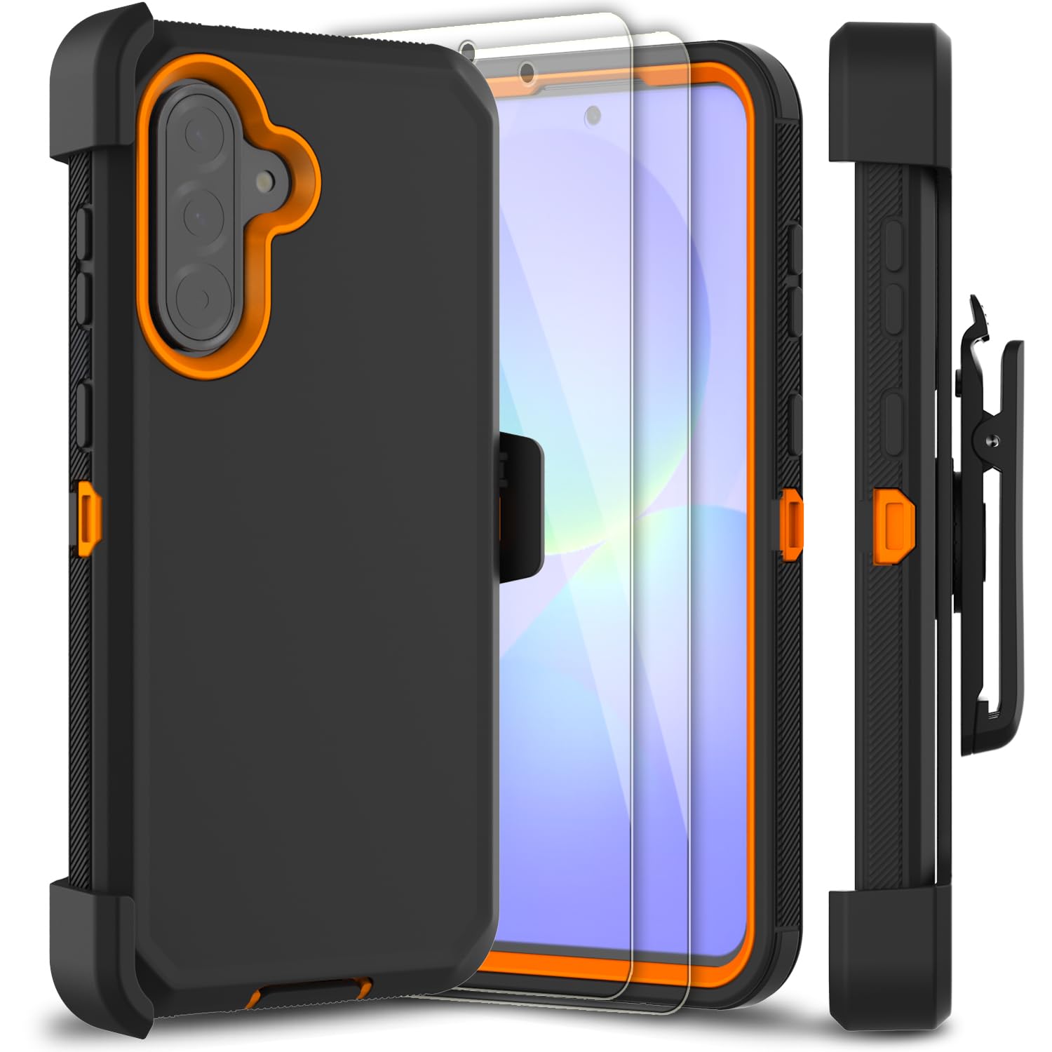 Etui do Samsunga Galaxy A36 5G z 2 szt. ochraniaczy ekranu ze szkła hartowanego, seria kabury z klipsem do paska, wytrzymałe, odporne na wstrząsy etui na telefon (czarne/pomarańczowe)