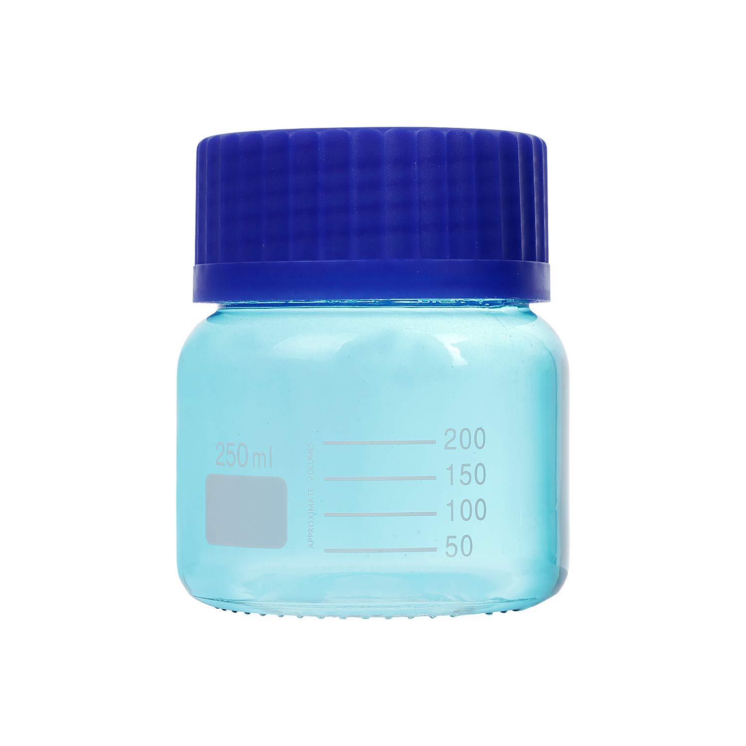 Paquete de 6 botellas de vidrio para laboratorio de almacenamiento de Pyrex de 250 ml de boca ancha graduadas con tapón de rosca de polipropileno azul GL80