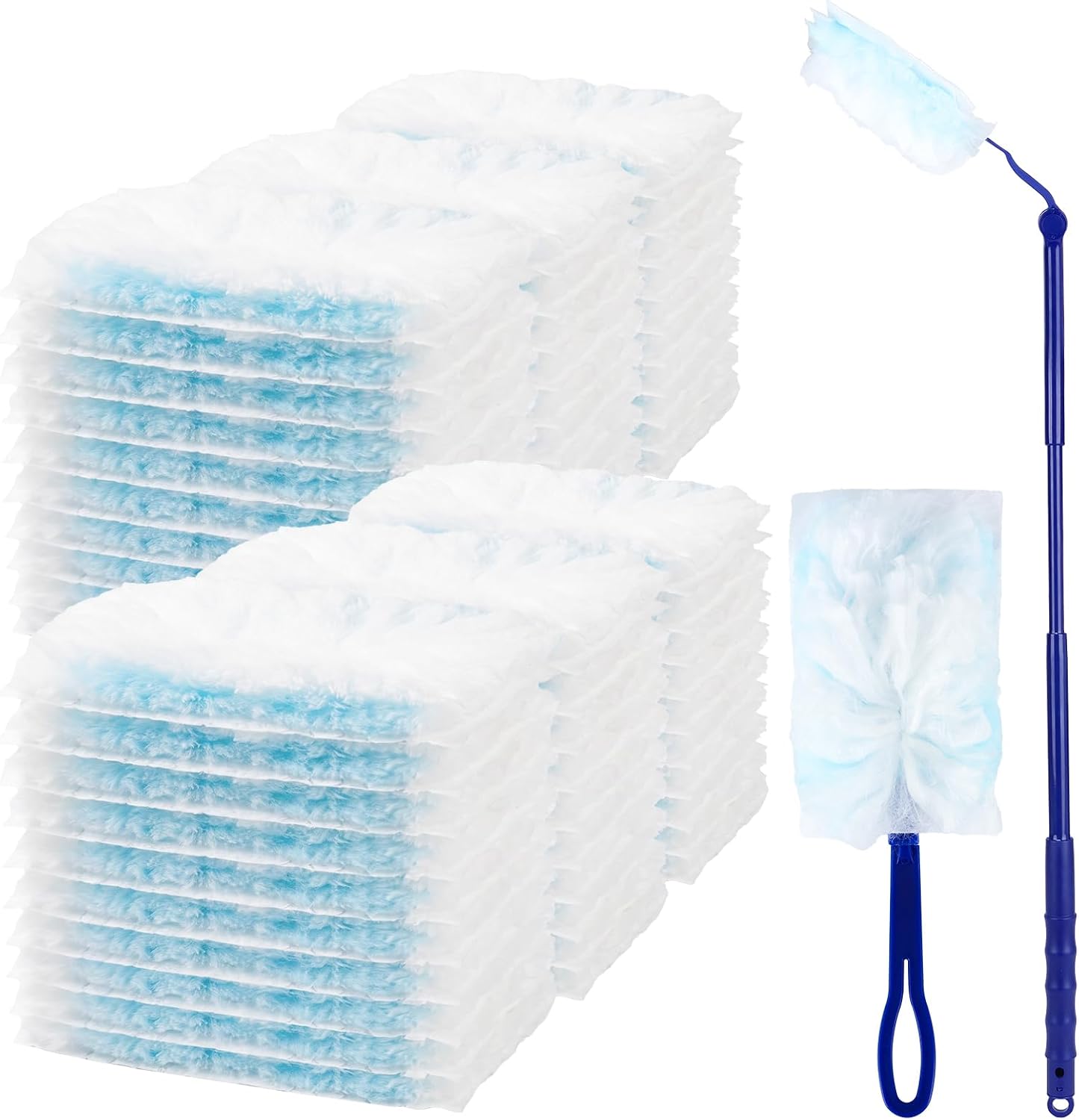 60 Count Heavy Duty Duster Refills for Swiffer，1 Short Handle+3 FT Extendable Handle,Multisurface Dusters kit，Microfibre Dusters for Cleaning Home,Ceiling Fans, Blinds, Corners,Unscented