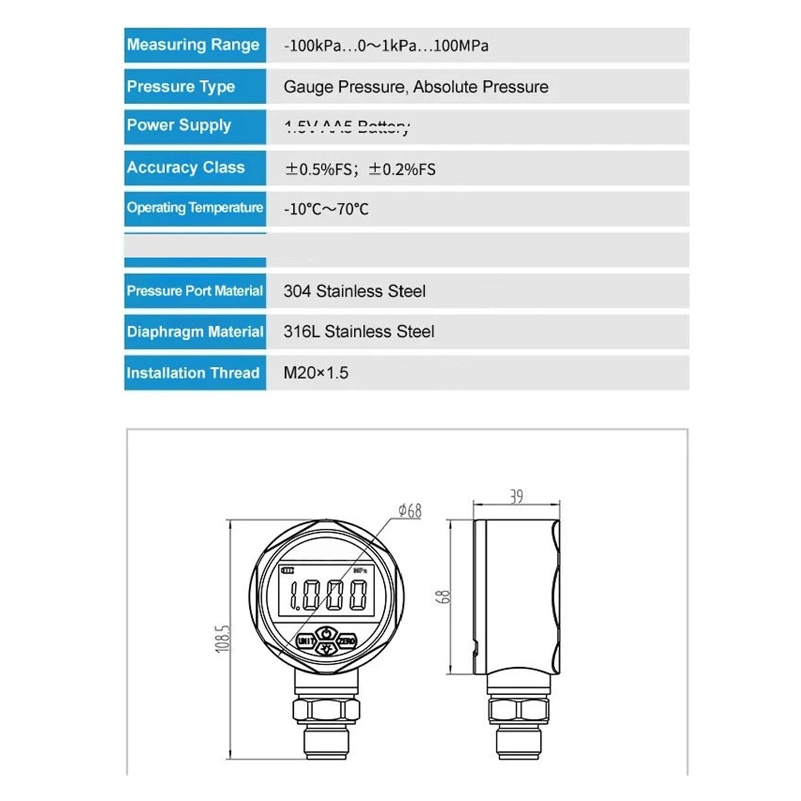 Präzisions-Digital-Manometer, YB60A −100 kPa ~ 100 MPa, optionales Verbund-Vakuum-Manometer, 60 mm Spitzenwert(0-100kpa)