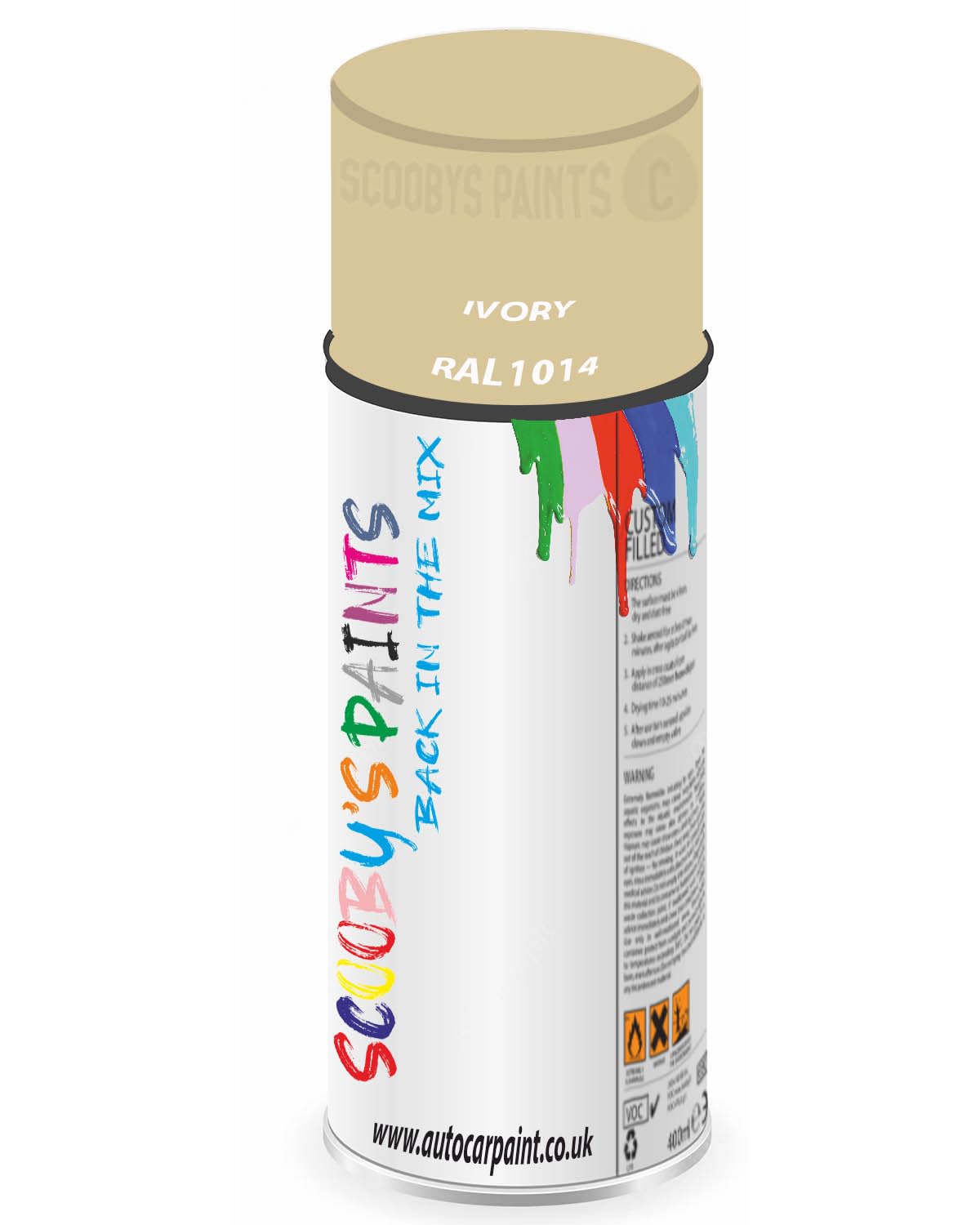 SCOOBYS PAINTS BACK IN THE MIX RAL1014 Ivory 400ML Aerosol Spray Paint RAL Colour Can Gloss Shinny Finish DIY Indoor/Outdoor Wood Plastic Metal Heat Resistant Steel