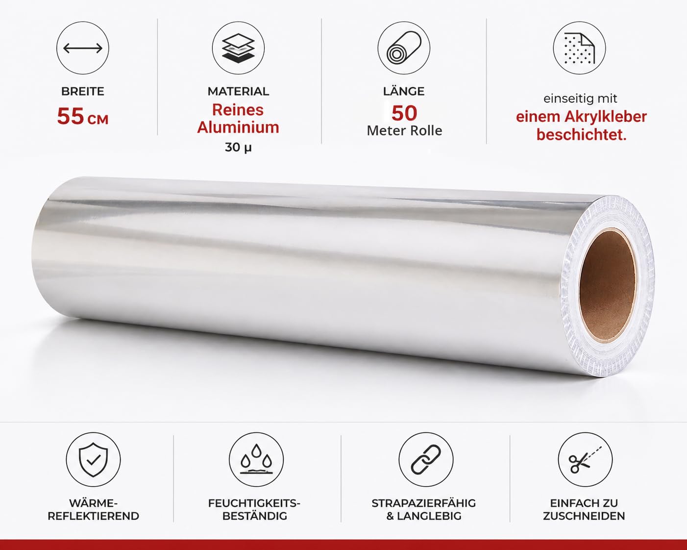 Lámina de Aluminio Autoadhesiva Adhesivo de 550 mm / Rollo de 50 Metros