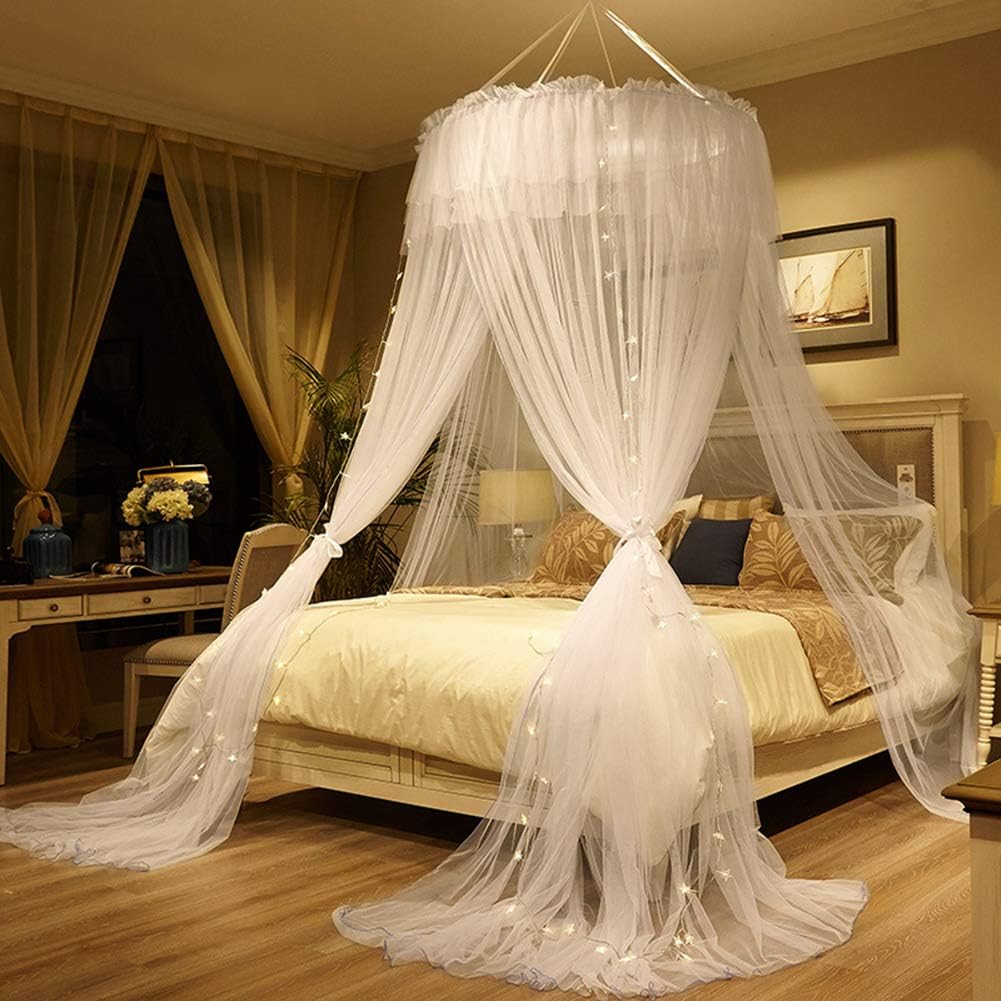 Bed Canopy Curtain Double Layer Sheer Mesh Dome Bed Curtain - Easy Installation Bedroom Accessory Hanging Curtain Single Bed Tent (White)