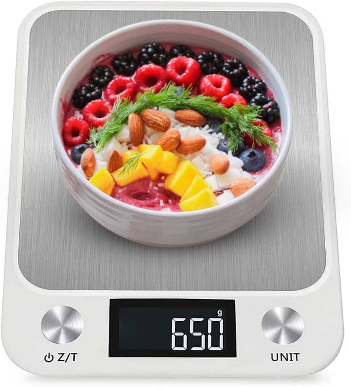 Peng General Digital Kitchen Food Scale, Stainless-Steel Platform, Ultra Slim/Multifunctional High Accuracy with Large LCD Display/Tare Function for Weight Loss (White 10kg)