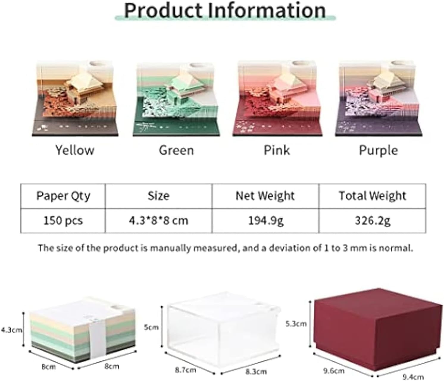 3D Notizblock Kiyomizu Tempel Haftnotizen 150 Blatt Memoblock Papier Kunst 3D Notizblock Notizblöcke Für Kind Liebhaber Freunde Frau Student Geschenke, Purple, L